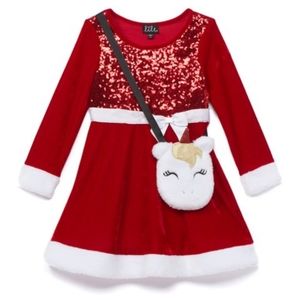 Red sequin holiday dress with unicorn purse